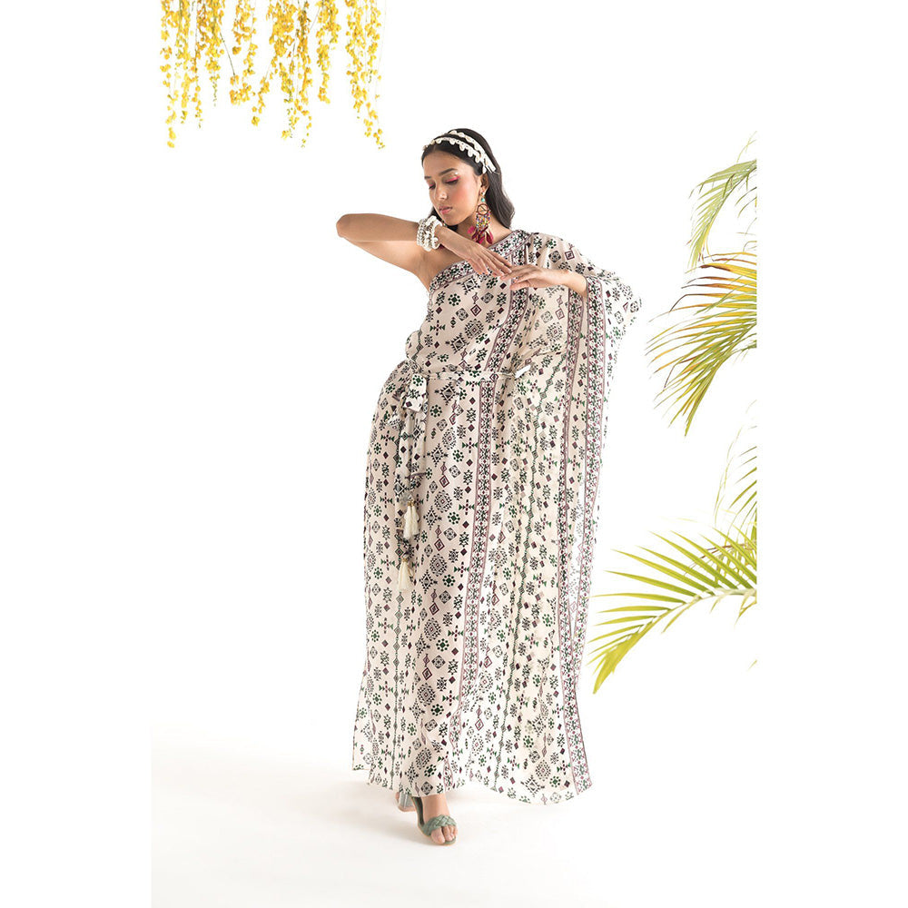 Chhavvi Aggarwal Ivory Printed Kaftan Dress with Belt (Set of 2)