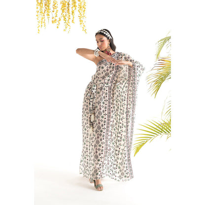 Chhavvi Aggarwal Ivory Printed Kaftan Dress with Belt (Set of 2)
