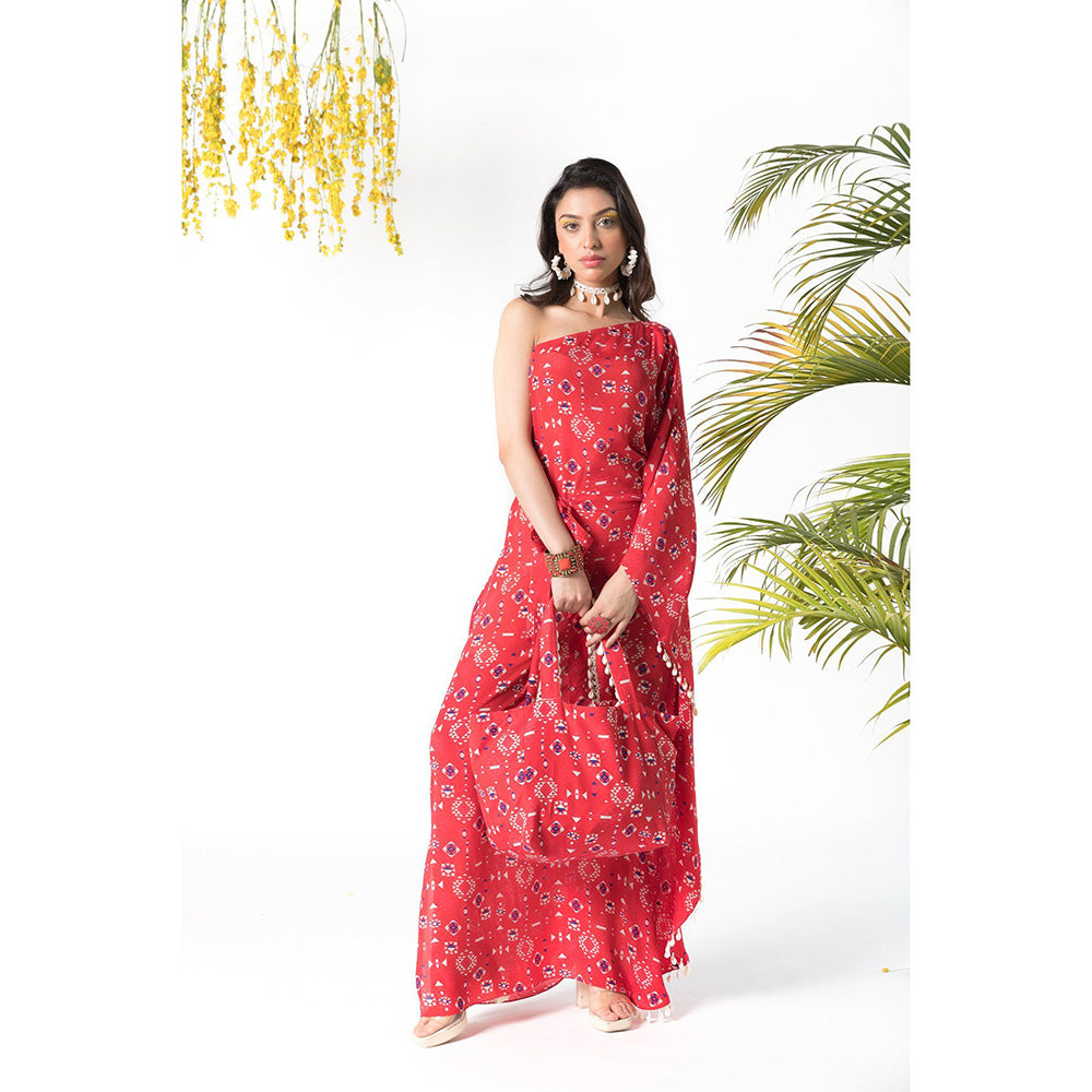 Chhavvi Aggarwal Red Printed Kaftan Dress with Belt (Set of 2)