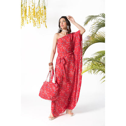Chhavvi Aggarwal Red Printed Kaftan Dress with Belt (Set of 2)