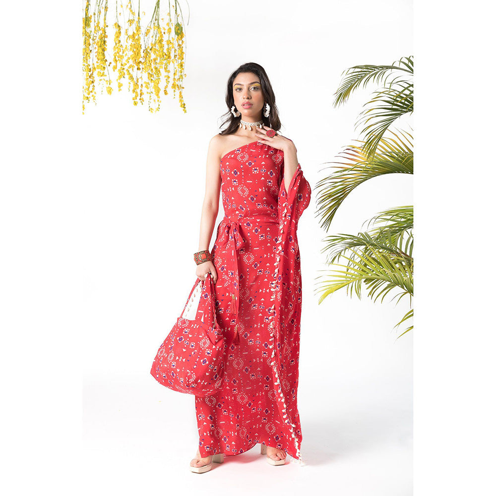 Chhavvi Aggarwal Red Printed Kaftan Dress with Belt (Set of 2)