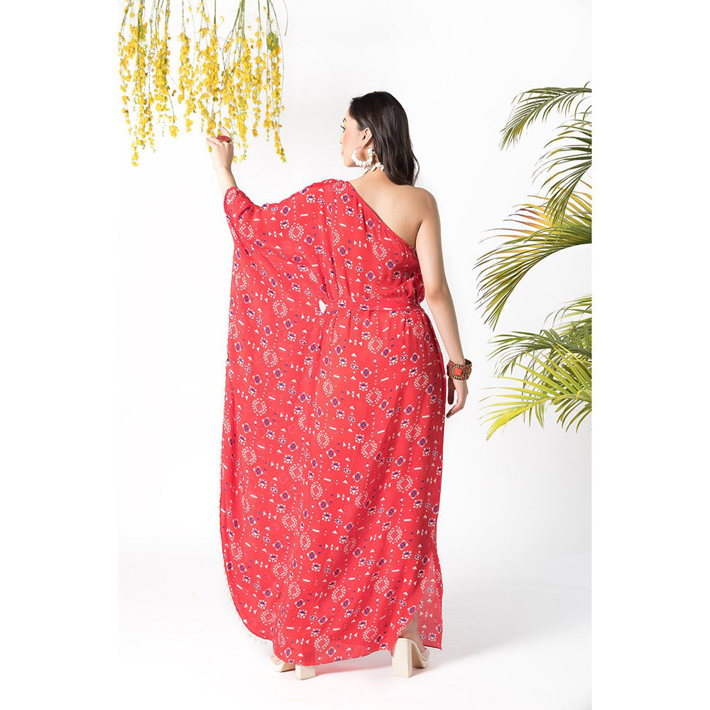 Chhavvi Aggarwal Red Printed Kaftan Dress with Belt (Set of 2)