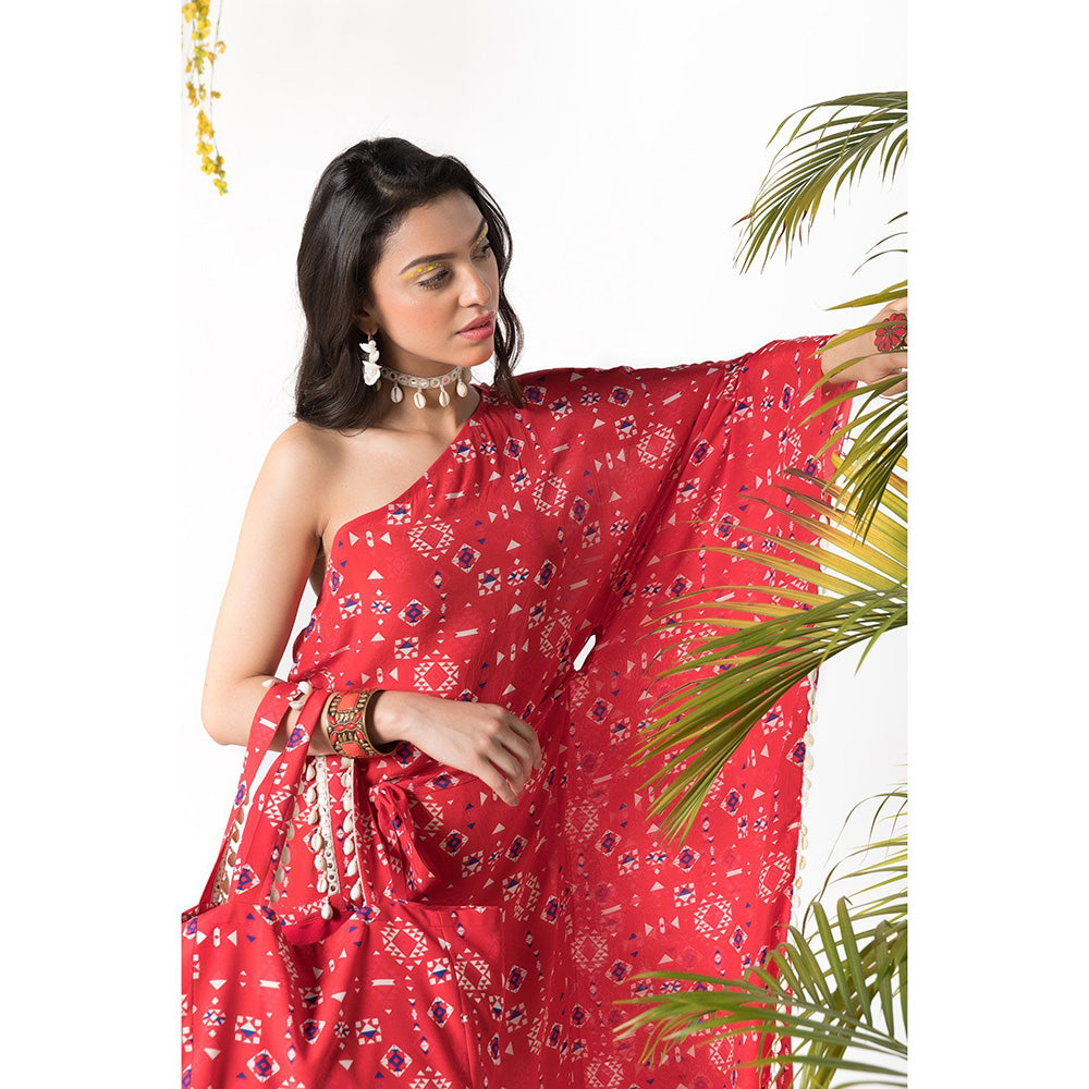 Chhavvi Aggarwal Red Printed Kaftan Dress with Belt (Set of 2)