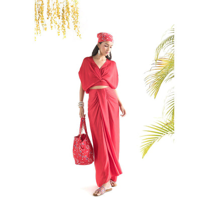 Chhavvi Aggarwal Red Crop Top & Skirt with Inner Co-Ord (Set of 3)