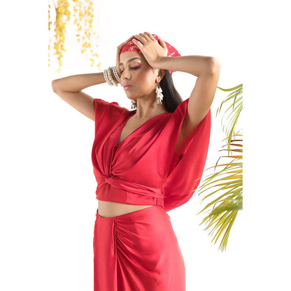 Chhavvi Aggarwal Red Crop Top & Skirt with Inner Co-Ord (Set of 3)