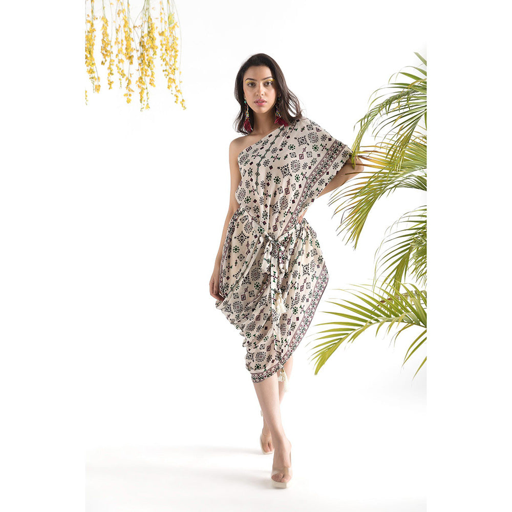 Chhavvi Aggarwal Ivory Printed Cowl Dress with Belt (Set of 2)