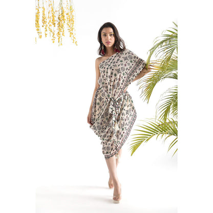 Chhavvi Aggarwal Ivory Printed Cowl Dress with Belt (Set of 2)
