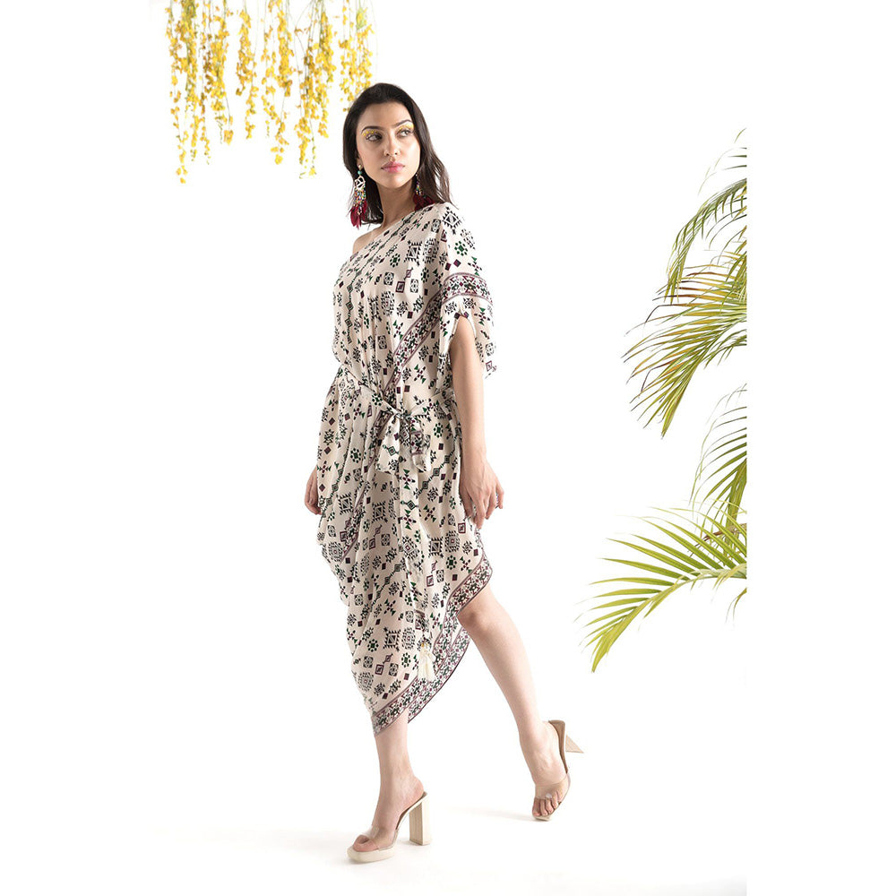 Chhavvi Aggarwal Ivory Printed Cowl Dress with Belt (Set of 2)