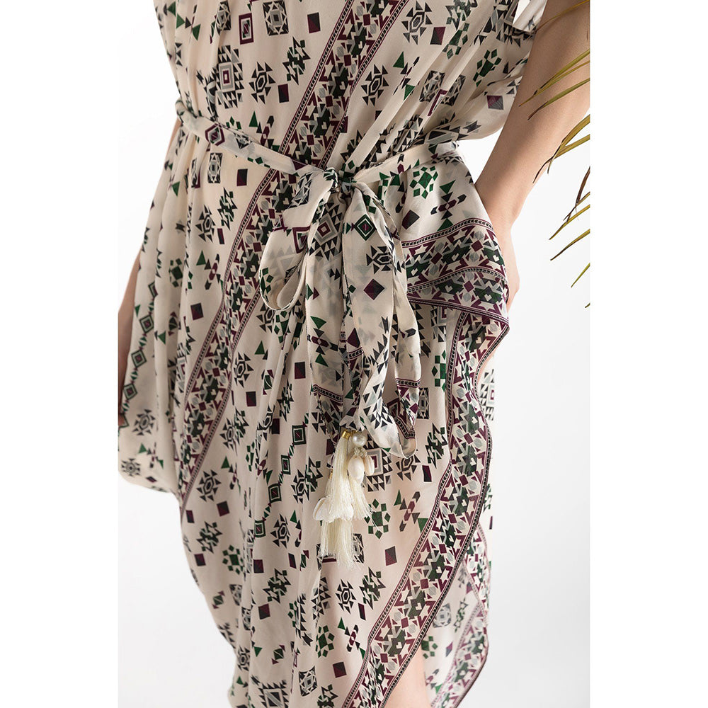 Chhavvi Aggarwal Ivory Printed Cowl Dress with Belt (Set of 2)