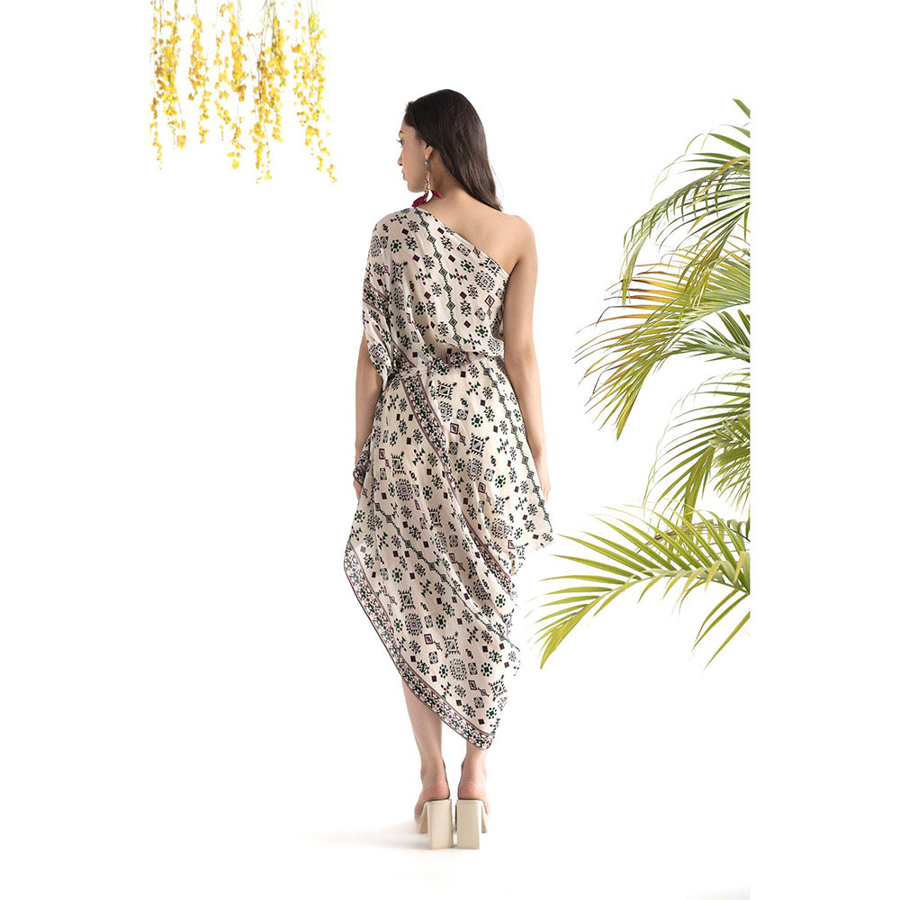 Chhavvi Aggarwal Ivory Printed Cowl Dress with Belt (Set of 2)