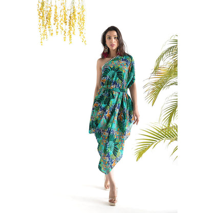 Chhavvi Aggarwal Blue Printed Cowl Dress with Belt (Set of 2)