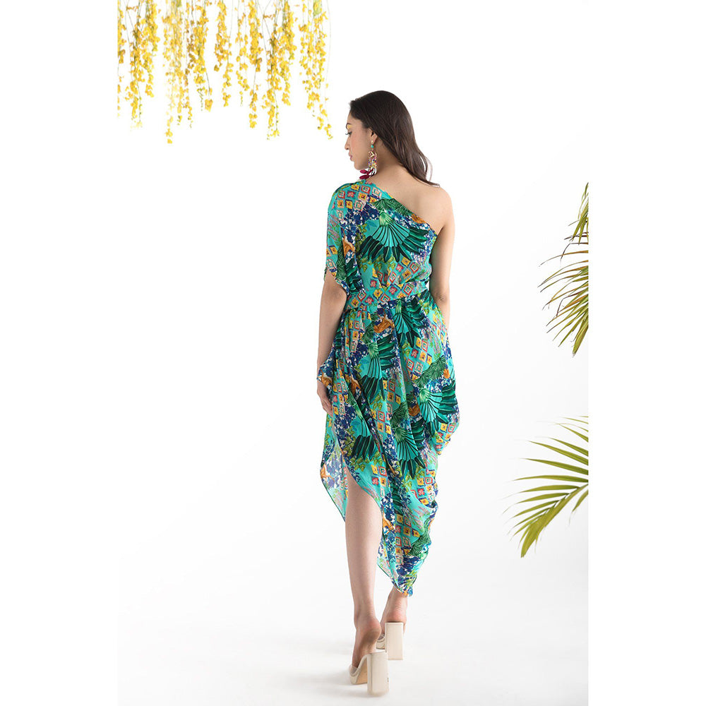 Chhavvi Aggarwal Blue Printed Cowl Dress with Belt (Set of 2)