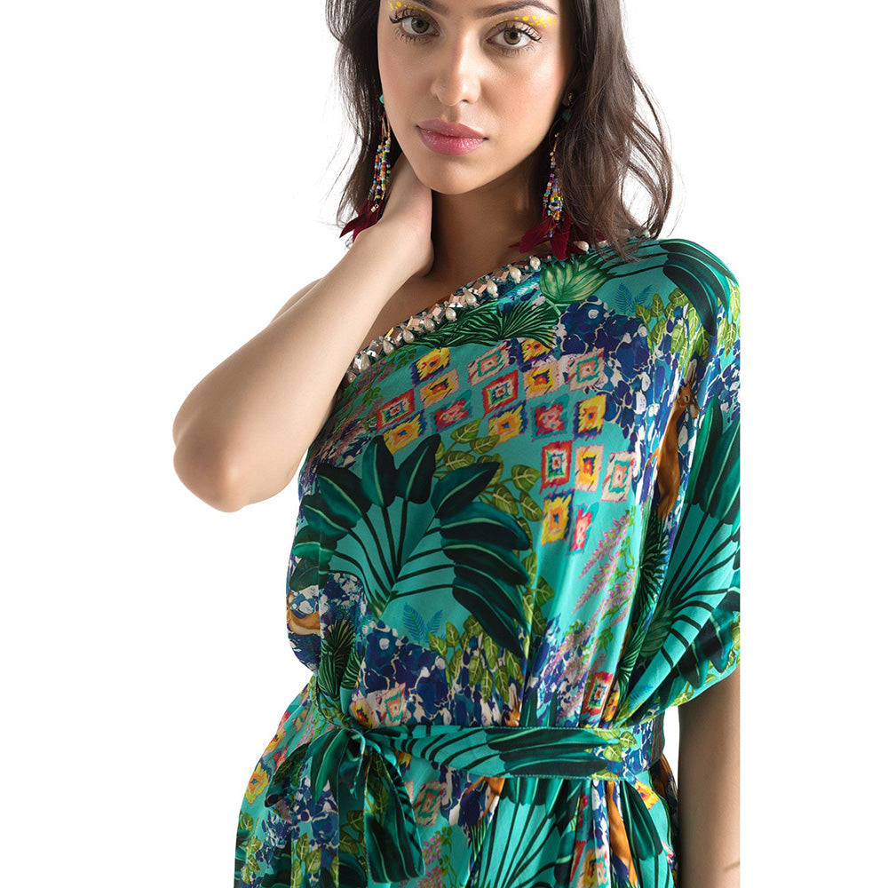 Chhavvi Aggarwal Blue Printed Cowl Dress with Belt (Set of 2)