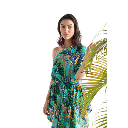 Chhavvi Aggarwal Blue Printed Cowl Dress with Belt (Set of 2)