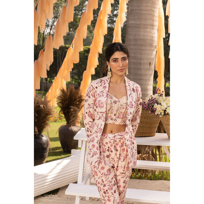 Chhavvi Aggarwal Nude Pink Floral Crop Top with Pants & Jacket Co-Ord (Set of 3)