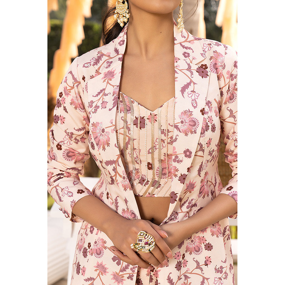 Chhavvi Aggarwal Nude Pink Floral Crop Top with Pants & Jacket Co-Ord (Set of 3)