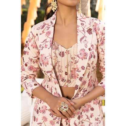 Chhavvi Aggarwal Nude Pink Floral Crop Top with Pants & Jacket Co-Ord (Set of 3)