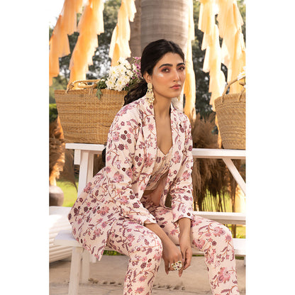 Chhavvi Aggarwal Nude Pink Floral Crop Top with Pants & Jacket Co-Ord (Set of 3)