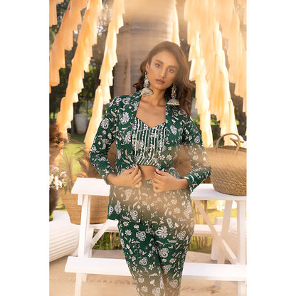 Chhavvi Aggarwal Bootle Green Floral Crop Top with Pants & Jacket Co-Ord (Set of 3)