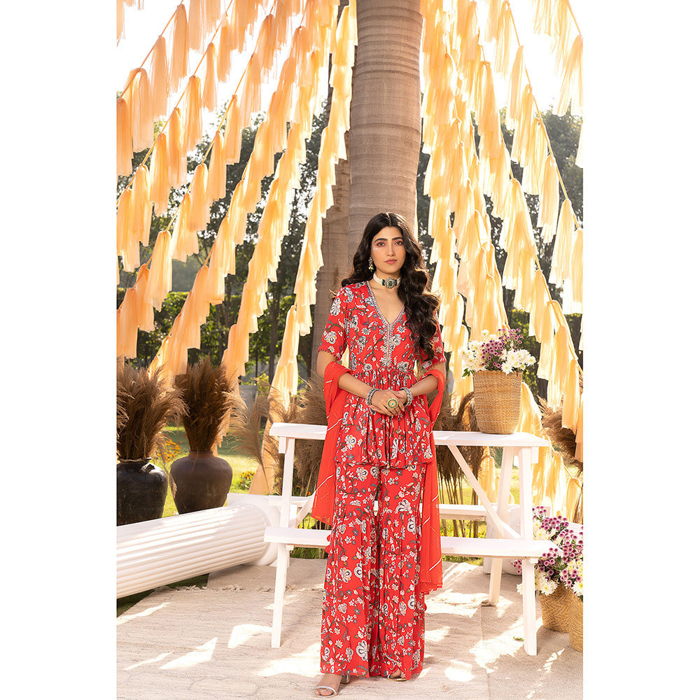 Chhavvi Aggarwal Red Floral Top with Sharara & Dupatta (Set of 3)