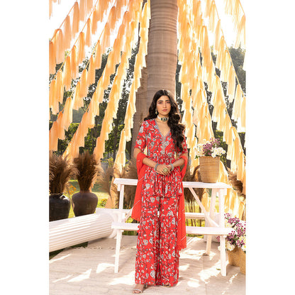 Chhavvi Aggarwal Red Floral Top with Sharara & Dupatta (Set of 3)