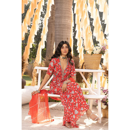 Chhavvi Aggarwal Red Floral Top with Sharara & Dupatta (Set of 3)
