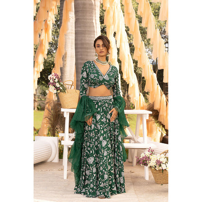 Chhavvi Aggarwal Bottle Green Embellished/Sequined Lehenga with Choli & Dupatta (Set of 3)