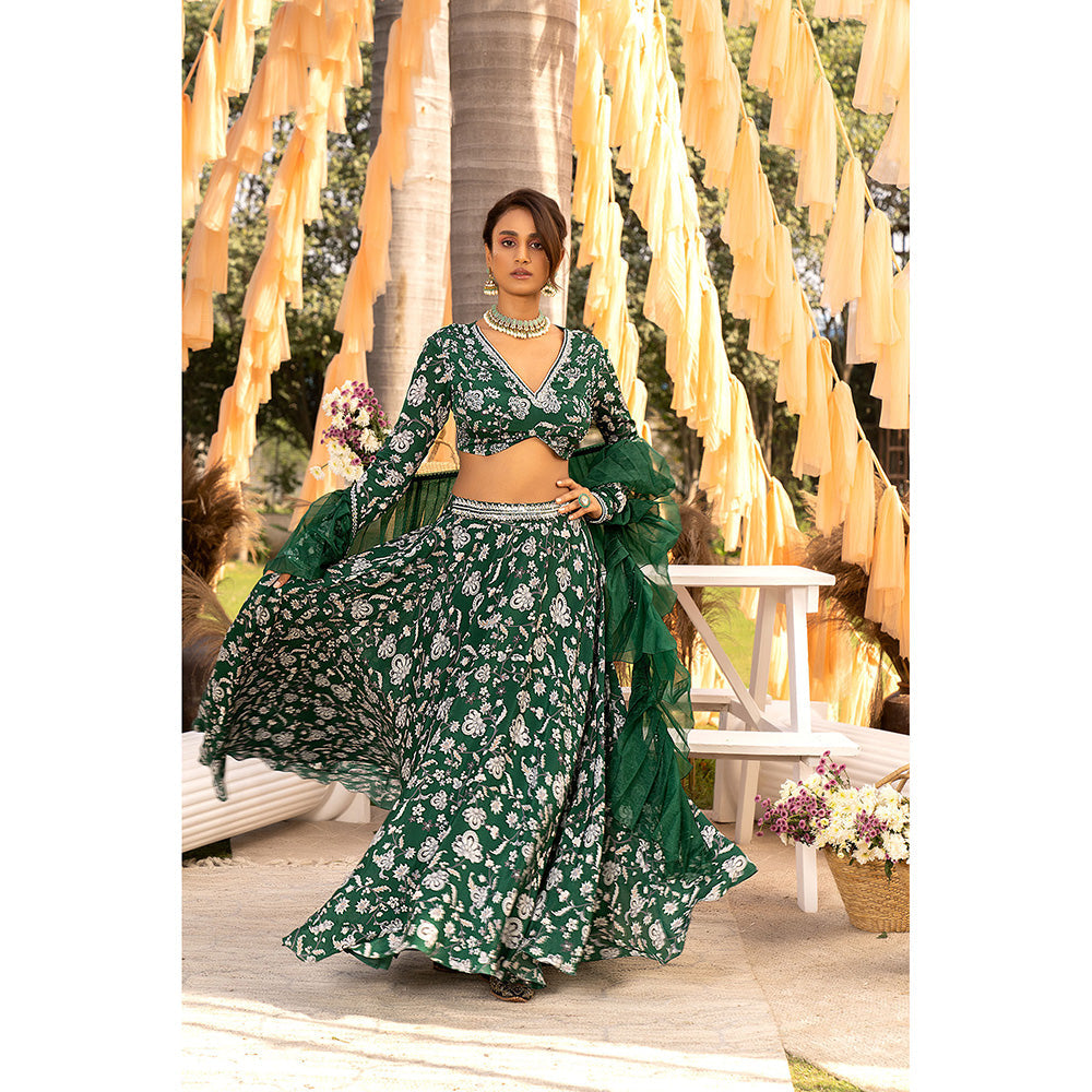 Chhavvi Aggarwal Bottle Green Embellished/Sequined Lehenga with Choli & Dupatta (Set of 3)