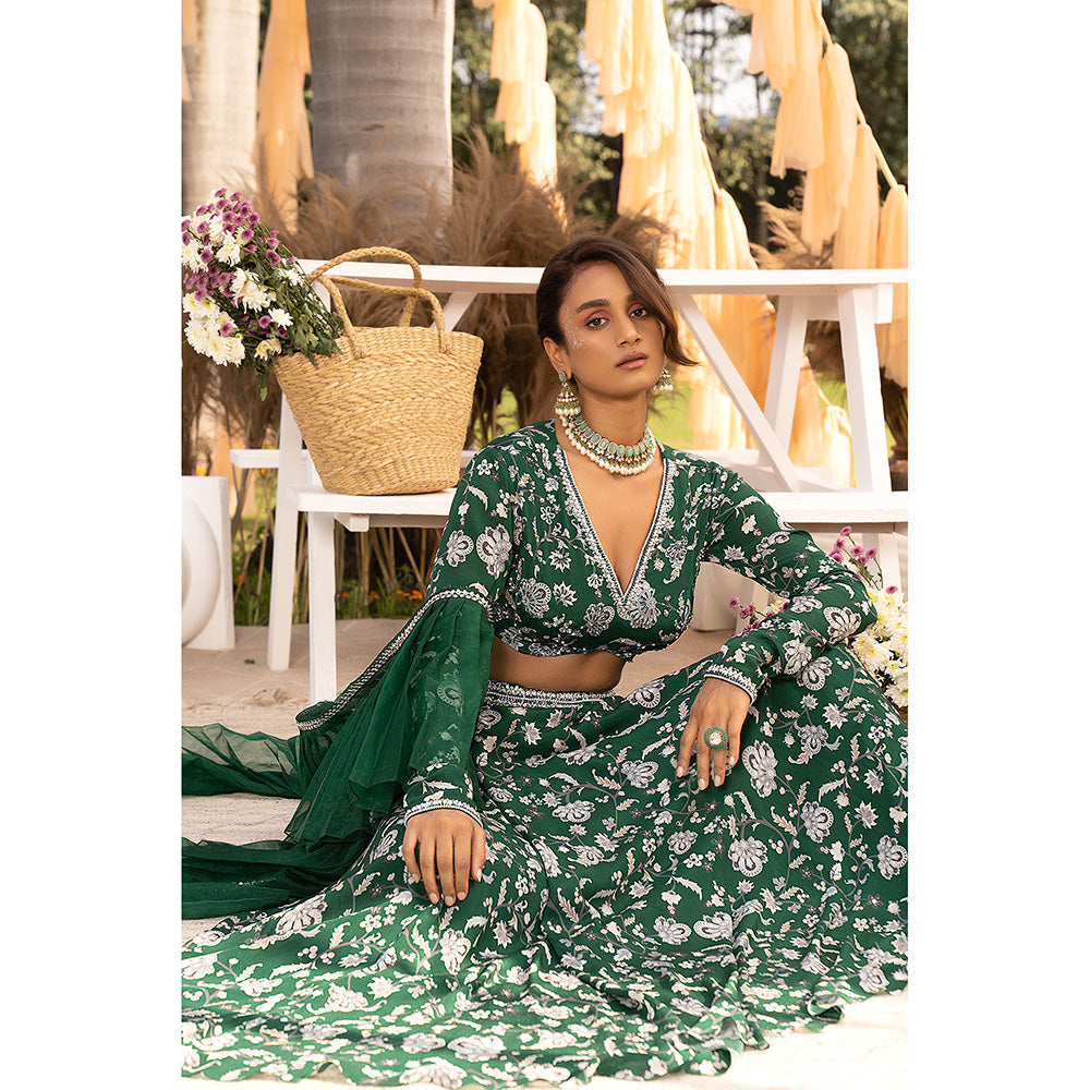 Chhavvi Aggarwal Bottle Green Embellished/Sequined Lehenga with Choli & Dupatta (Set of 3)