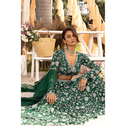 Chhavvi Aggarwal Bottle Green Embellished/Sequined Lehenga with Choli & Dupatta (Set of 3)