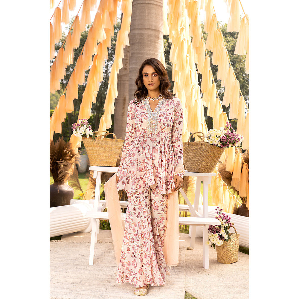 Chhavvi Aggarwal Nude Pink Floral Top with Sharara & Dupatta (Set of 3)