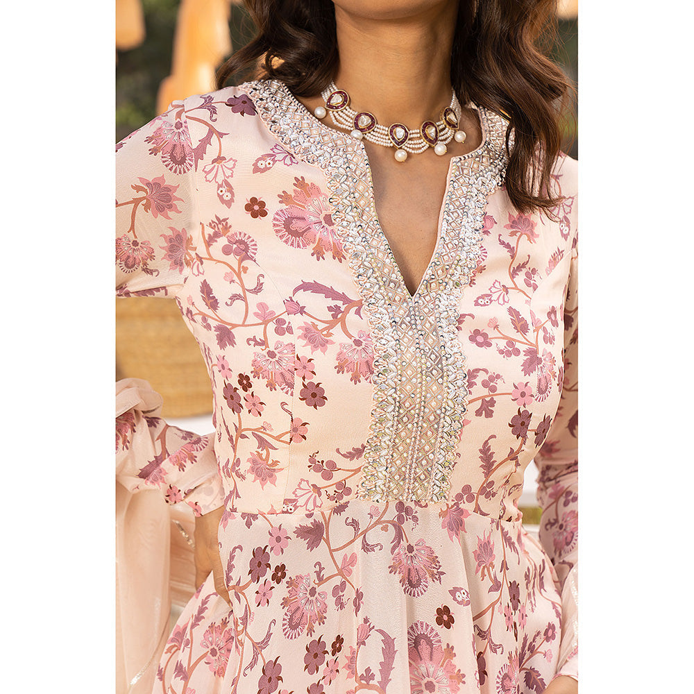 Chhavvi Aggarwal Nude Pink Floral Top with Sharara & Dupatta (Set of 3)