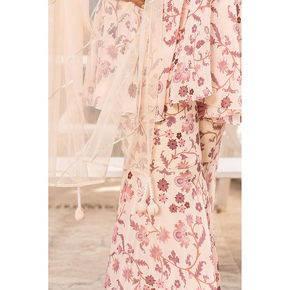 Chhavvi Aggarwal Nude Pink Floral Top with Sharara & Dupatta (Set of 3)