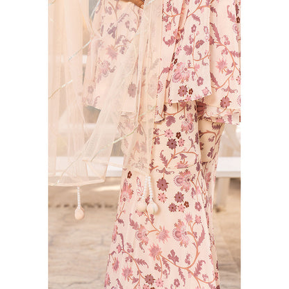 Chhavvi Aggarwal Nude Pink Floral Top with Sharara & Dupatta (Set of 3)