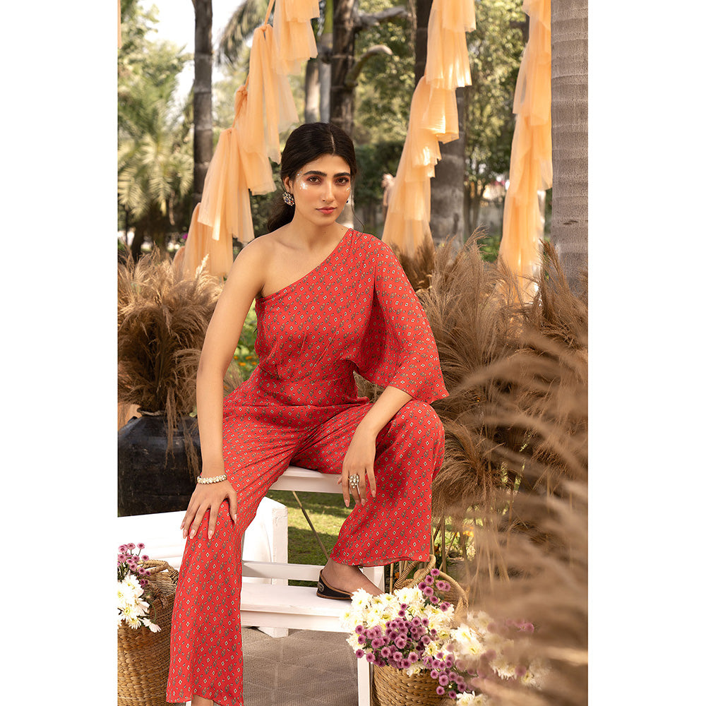 Chhavvi Aggarwal Red Printed One Shoulder Jumpsuit