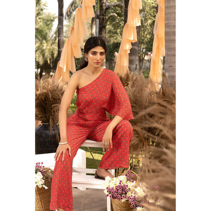 Chhavvi Aggarwal Red Printed One Shoulder Jumpsuit