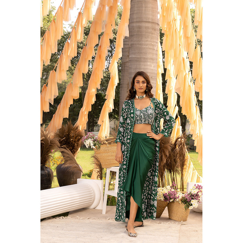 Chhavvi Aggarwal Bottle Green Floral Crop Top with Skirt & Jacket (Set of 3)