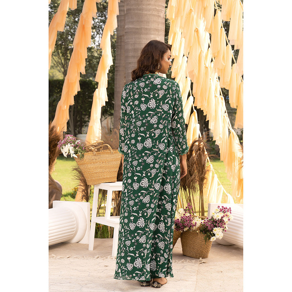 Chhavvi Aggarwal Bottle Green Floral Crop Top with Skirt & Jacket (Set of 3)