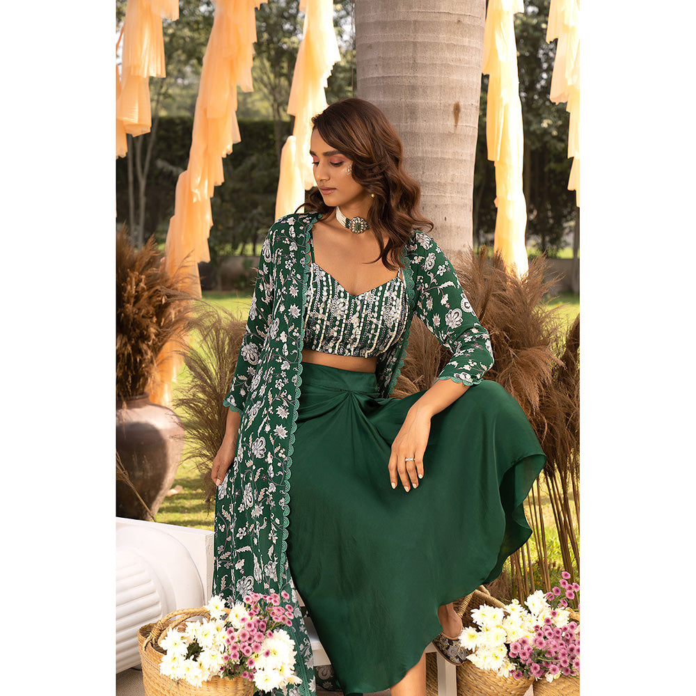 Chhavvi Aggarwal Bottle Green Floral Crop Top with Skirt & Jacket (Set of 3)