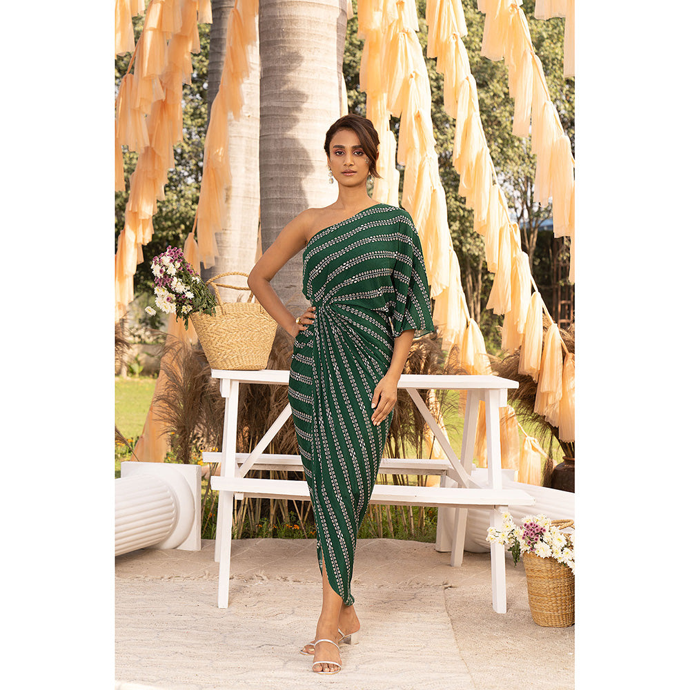 Chhavvi Aggarwal Green Zari Printed Draped Maxi Dress