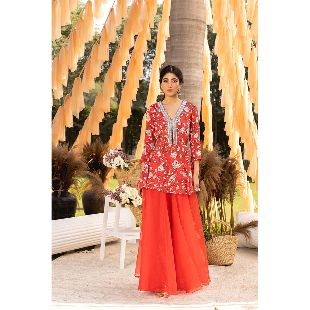 Chhavvi Aggarwal Red Floral Peplum Top & Organza Palazzos (Set of 2)