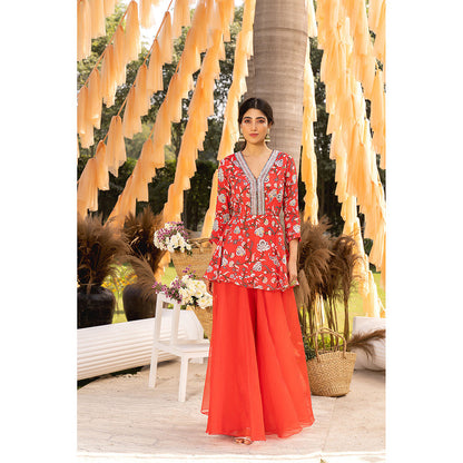 Chhavvi Aggarwal Red Floral Peplum Top & Organza Palazzos (Set of 2)