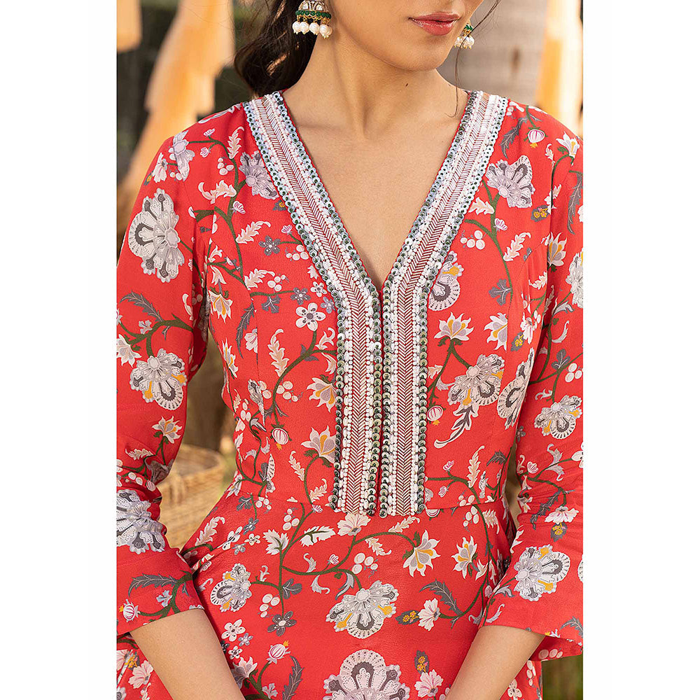 Chhavvi Aggarwal Red Floral Peplum Top & Organza Palazzos (Set of 2)