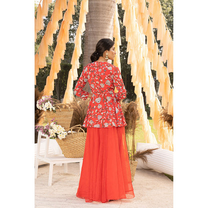 Chhavvi Aggarwal Red Floral Peplum Top & Organza Palazzos (Set of 2)