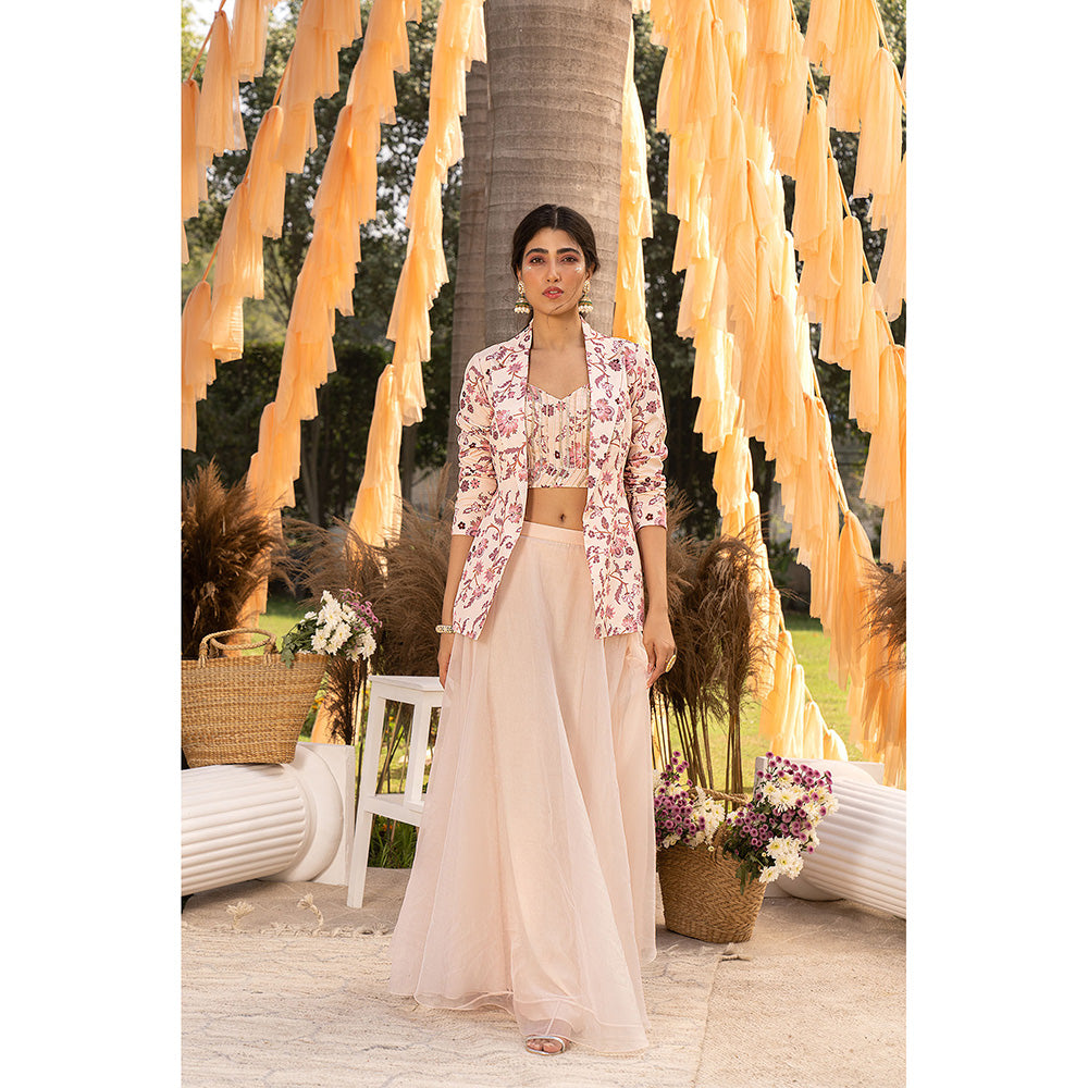 Chhavvi Aggarwal Nude Pink Organza Crop Top with Skirt & Jacket (Set of 3)