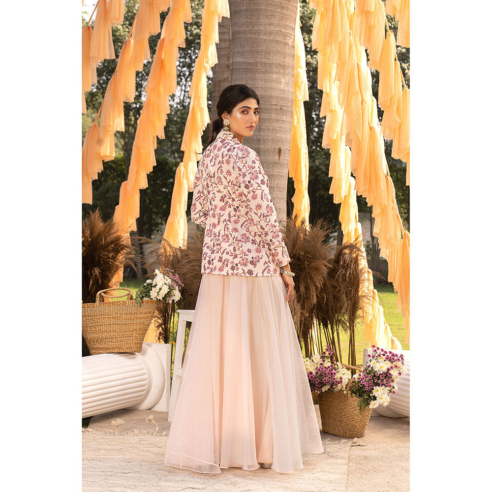 Chhavvi Aggarwal Nude Pink Organza Crop Top with Skirt & Jacket (Set of 3)