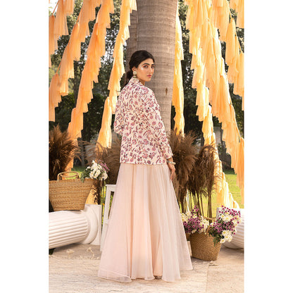 Chhavvi Aggarwal Nude Pink Organza Crop Top with Skirt & Jacket (Set of 3)