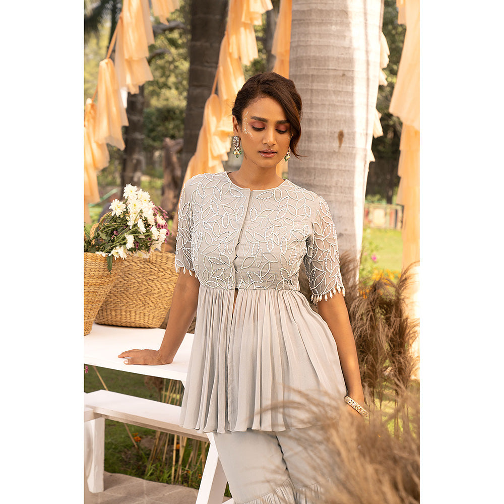 Chhavvi Aggarwal Grey Beads & Stone Top with Sharara (Set of 2)