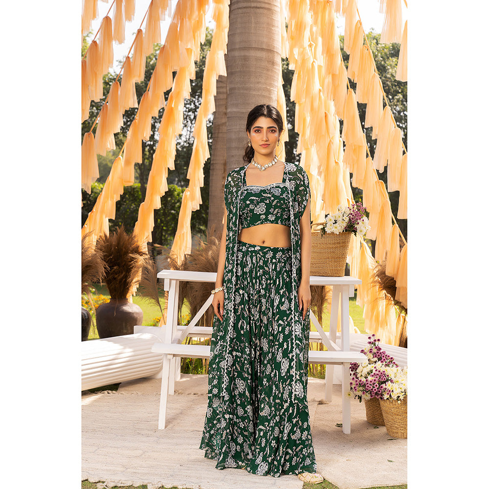 Chhavvi Aggarwal Green Floral Crop Top with Palazzos & Jacket (Set of 3)