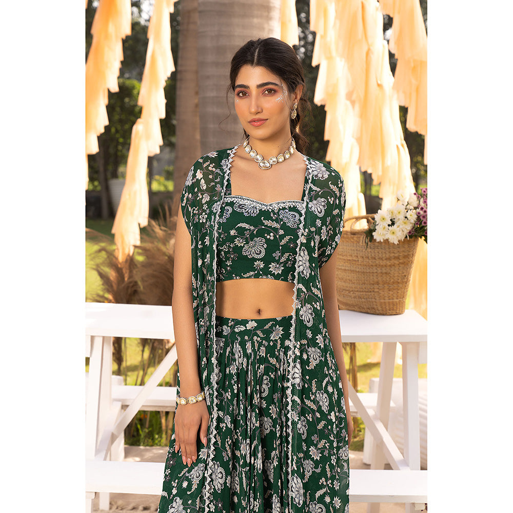 Chhavvi Aggarwal Green Floral Crop Top with Palazzos & Jacket (Set of 3)